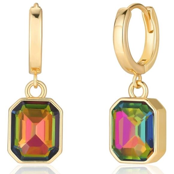 18K Yellow Gold with Vitrail Medium Crystal Dangling Octagon Huggie Earrings - Picture 1 of 7
